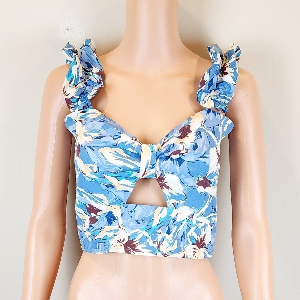 Coco Moda Floral Blue Ruffle Cropped Top - Picture 1 of 9